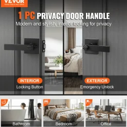 VEVOR Privacy Door Handle, 10 Pack Matte Black Door Lever, Left or Right Handing Reversible Lever with Keyless Lock, 45° Rotation to Open, Universal Square Interior for Bedroom and Bathroom Doors