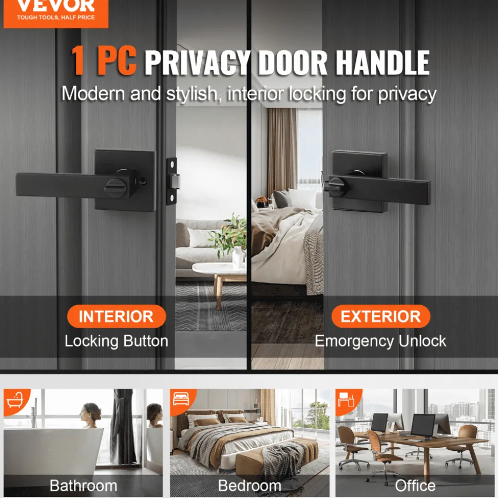 VEVOR Privacy Door Handle, 5-Pack Matte Black Door Lever, Right or Left Handing Reversible Lever with Keyless Lock, 45° Rotation to Open, Universal Square Interior for Bathroom and Bedroom Doors