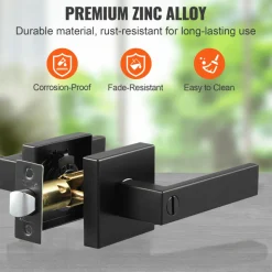 VEVOR Privacy Door Handle, 5-Pack Matte Black Door Lever, Right or Left Handing Reversible Lever with Keyless Lock, 45° Rotation to Open, Universal Square Interior for Bathroom and Bedroom Doors
