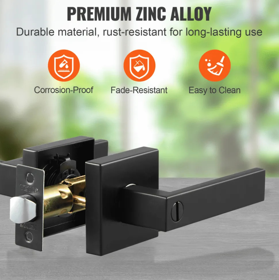VEVOR Privacy Door Handle, 5-Pack Matte Black Door Lever, Right or Left Handing Reversible Lever with Keyless Lock, 45° Rotation to Open, Universal Square Interior for Bathroom and Bedroom Doors