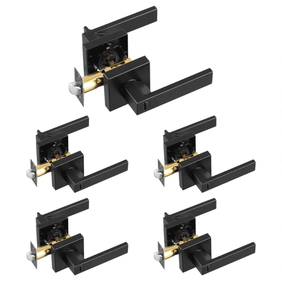 VEVOR Privacy Door Handle, 5-Pack Matte Black Door Lever, Right or Left Handing Reversible Lever with Keyless Lock, 45° Rotation to Open, Universal Square Interior for Bathroom and Bedroom Doors