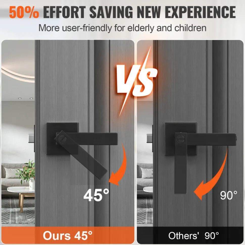 VEVOR Privacy Door Handle, 1 Pack Matte Black Door Lever, Left or Right Handing Reversible Lever with Keyless Lock, 45° Rotation to Open, Universal Square Interior for Bedroom and Bathroom Doors
