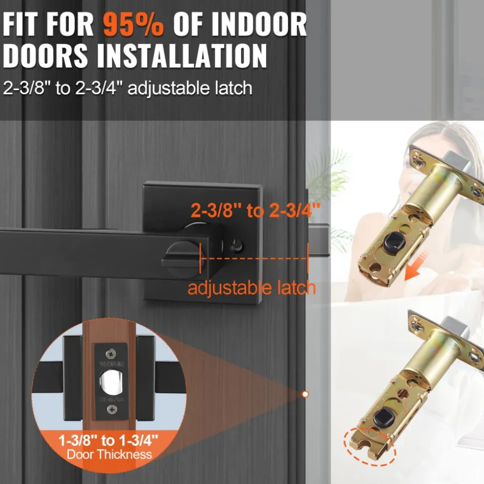 VEVOR Privacy Door Handle, 1 Pack Matte Black Door Lever, Left or Right Handing Reversible Lever with Keyless Lock, 45° Rotation to Open, Universal Square Interior for Bedroom and Bathroom Doors