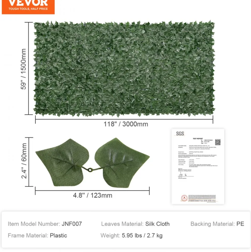 VEVOR Privacy Ivy Fence, 59 x 118in Artificial Green Wall Screen, Greenery Ivy Fence with Mesh Cloth Backing and Strengthened Joint, Faux Hedges Vine Leaf Decoration for Outdoor Garden, Yard, Balcony
