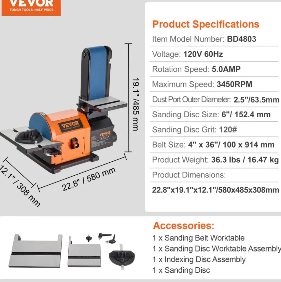 VEVOR Professional Belt Sander, 6" Disc Sander and 4 x 36 in. Belt Sander with 5A Induction Motor Cast Aluminum Worktable for Woodworking, Metalworking