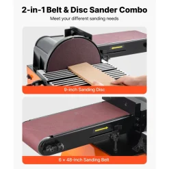 VEVOR Professional Belt Sander with Stand, 9" Disc & 6" x 48" Belt Sander Combo, 800W Sanding Machine with 0 - 45° Adjustable Worktable for Woodworking, Furniture Refinishing, Knife Sharpening