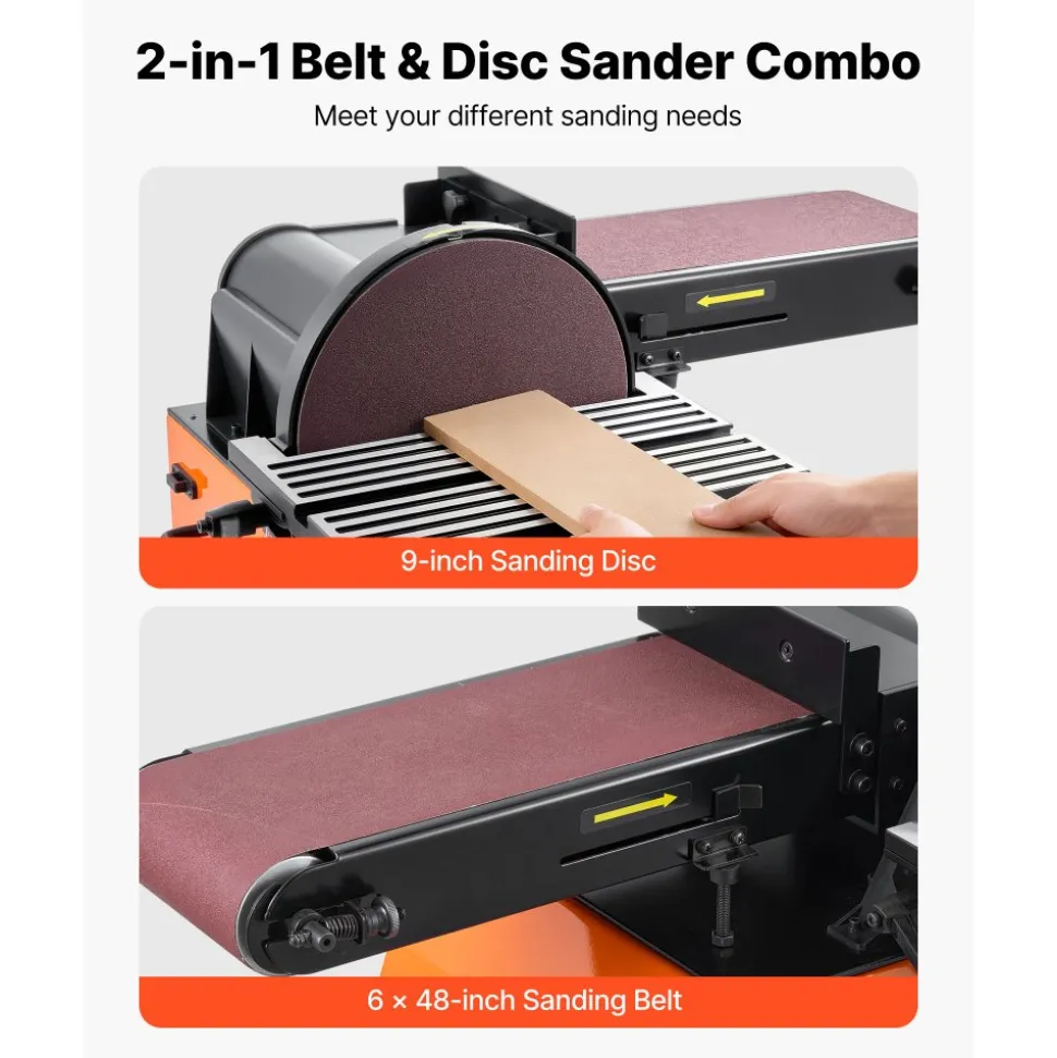 VEVOR Professional Belt Sander with Stand, 9" Disc & 6" x 48" Belt Sander Combo, 800W Sanding Machine with 0 - 45° Adjustable Worktable for Woodworking, Furniture Refinishing, Knife Sharpening