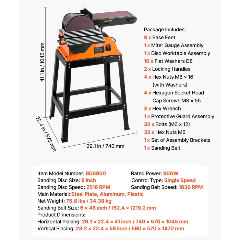 VEVOR Professional Belt Sander with Stand, 9" Disc & 6" x 48" Belt Sander Combo, 800W Sanding Machine with 0 - 45° Adjustable Worktable for Woodworking, Furniture Refinishing, Knife Sharpening