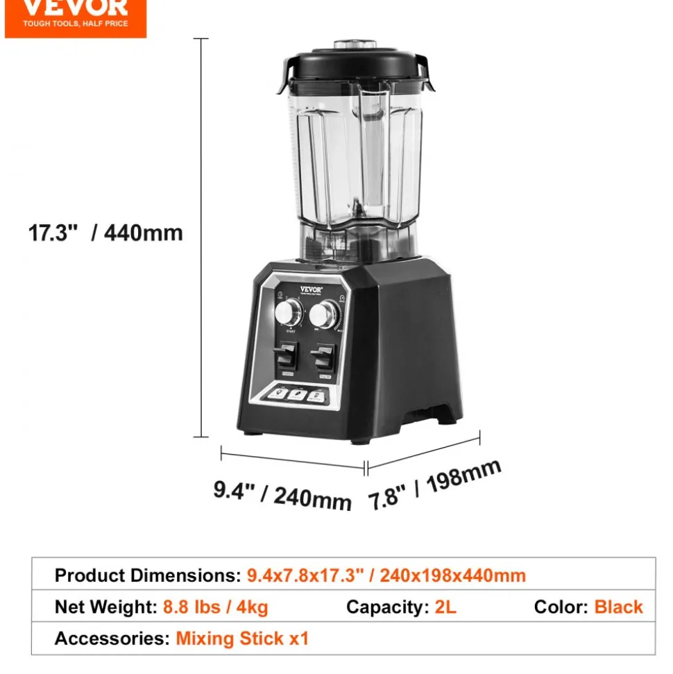 VEVOR Professional Blender, Commercial Countertop Blenders, 68 oz Plastic Jar Blender Combo, Stainless Steel 3 Functions Blender, for Frozen Drinks, Shakes, Smoothies, Peree, and Crush Ice, Black