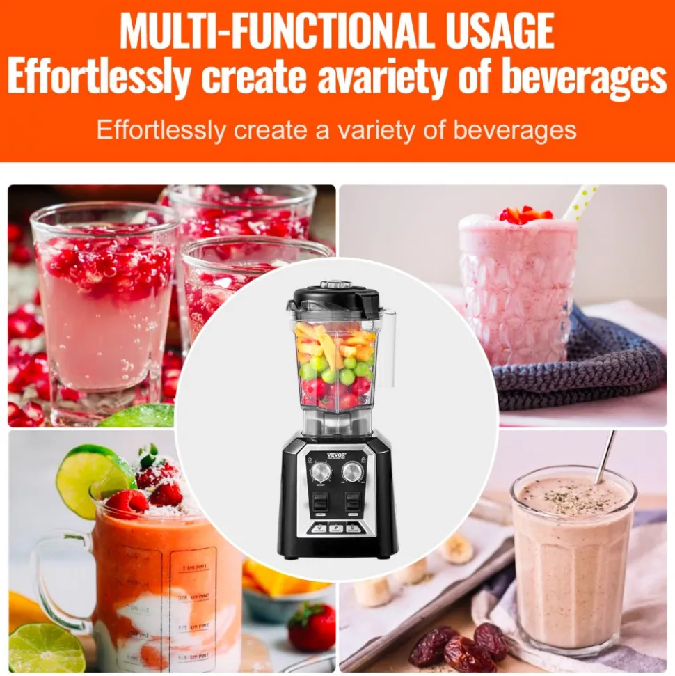 VEVOR Professional Blender, Commercial Countertop Blenders, 68 oz Plastic Jar Blender Combo, Stainless Steel 3 Functions Blender, for Frozen Drinks, Shakes, Smoothies, Peree, and Crush Ice, Black