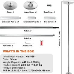 VEVOR Professional Dancing Pole, Spinning Static Dancing Pole Kit, Portable Removable Pole, 45mm Heavy-Duty Stainless Steel Pole, Height Adjustable Fitness Pole, for Exercise Home Club Gym, Silver