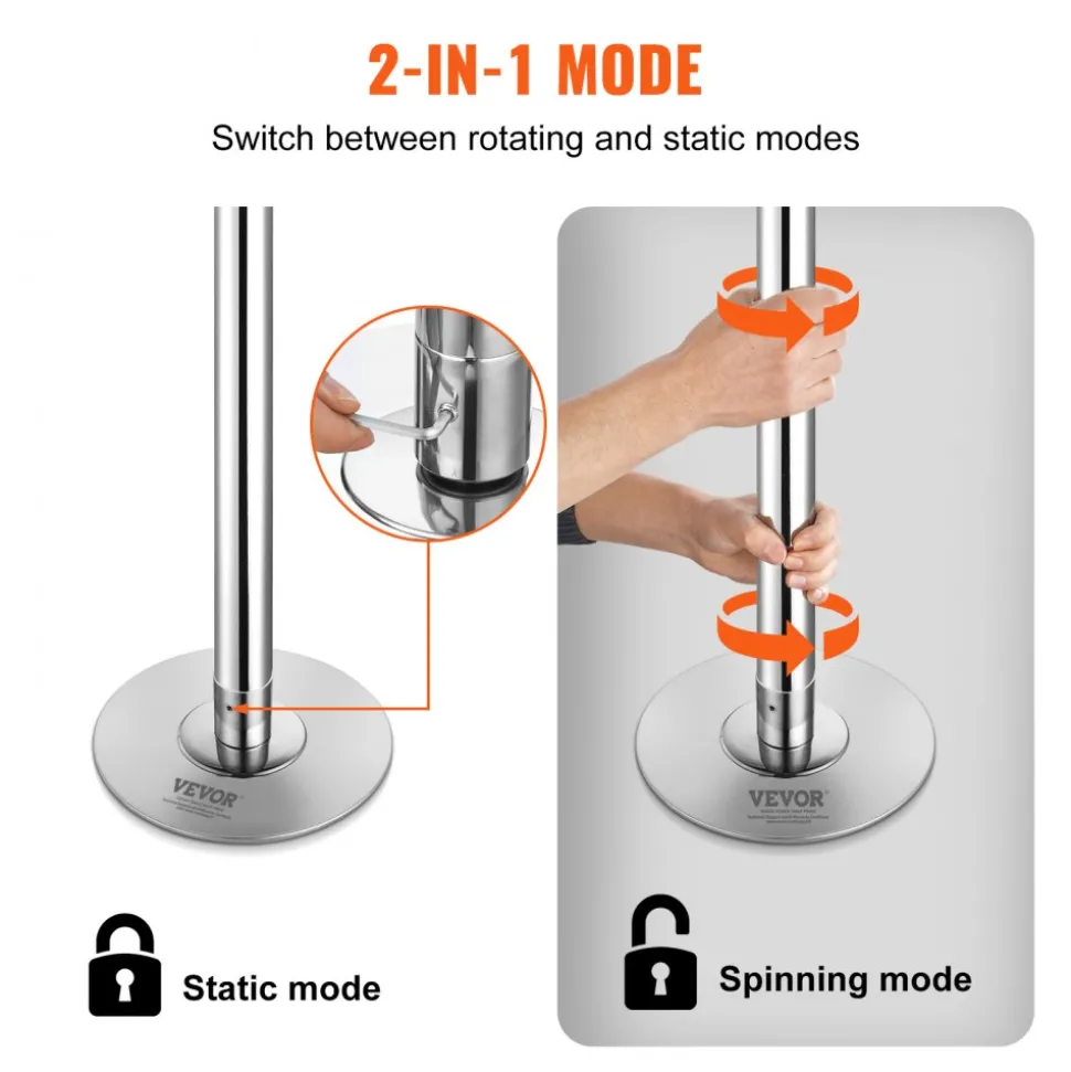 VEVOR Professional Dancing Pole, Spinning Static Dancing Pole Kit, Portable Removable Pole, 45mm Heavy-Duty Stainless Steel Pole, Height Adjustable Fitness Pole, for Exercise Home Club Gym, Silver