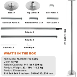 VEVOR Professional Dancing Pole, Spinning Static Dancing Pole Kit, Portable Removable Pole, 45mm Heavy-Duty Stainless Steel Pole, Height Adjustable Fitness Pole, for Exercise Home Club Gym, Silver