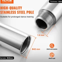 VEVOR Professional Dancing Pole, Spinning Static Dancing Pole Kit, Portable Removable Pole, 45mm Heavy-Duty Stainless Steel Pole, Height Adjustable Fitness Pole, for Exercise Home Club Gym, Silver