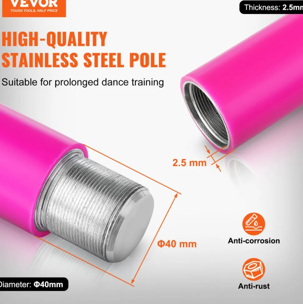 VEVOR Professional Dancing Pole, Spinning Static Dancing Pole Kit, Portable Removable Pole, 40mm Heavy-Duty Stainless Steel Pole, Height Adjustable Fitness Pole, for Exercise Home Club Gym, Pink