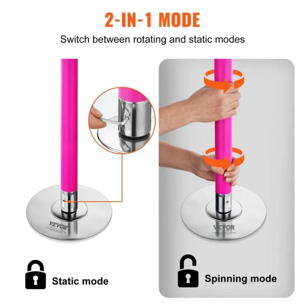 VEVOR Professional Dancing Pole, Spinning Static Dancing Pole Kit, Portable Removable Pole, 40mm Heavy-Duty Stainless Steel Pole, Height Adjustable Fitness Pole, for Exercise Home Club Gym, Pink