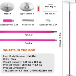 VEVOR Professional Dancing Pole, Spinning Static Dancing Pole Kit, Portable Removable Pole, 40mm Heavy-Duty Stainless Steel Pole, Height Adjustable Fitness Pole, for Exercise Home Club Gym, Pink