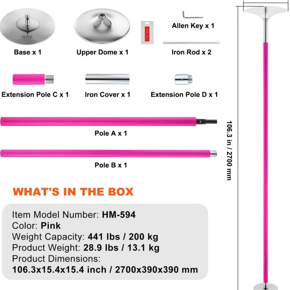 VEVOR Professional Dancing Pole, Spinning Static Dancing Pole Kit, Portable Removable Pole, 40mm Heavy-Duty Stainless Steel Pole, Height Adjustable Fitness Pole, for Exercise Home Club Gym, Pink