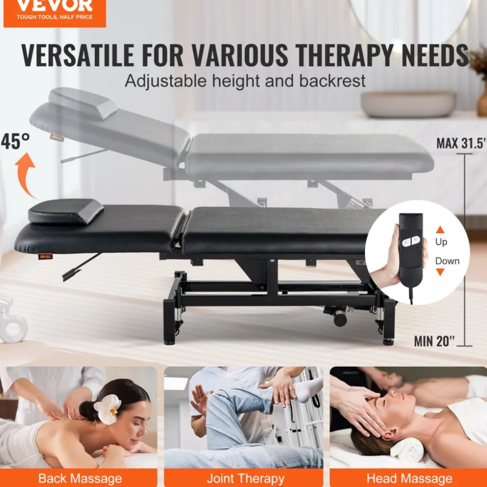 VEVOR Professional Electric Lift Massage Table, 0-45° Adjustable Backrest Medical Table Beauty Bed, Height Adjustable Tattoo Spa Table on Wheels, Electric Massage Table with Headrest, 550LBS