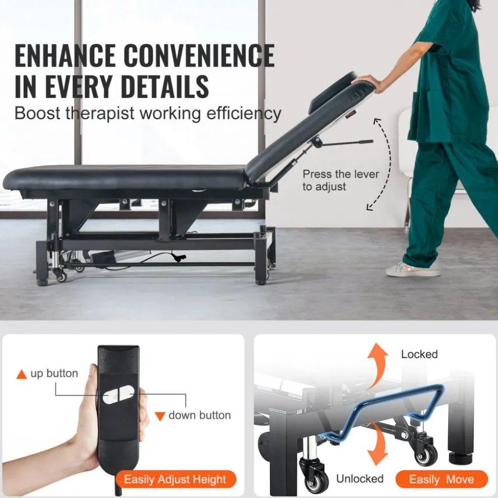 VEVOR Professional Electric Lift Massage Table, 0-45° Adjustable Backrest Medical Table Beauty Bed, Height Adjustable Tattoo Spa Table on Wheels, Electric Massage Table with Headrest, 550LBS