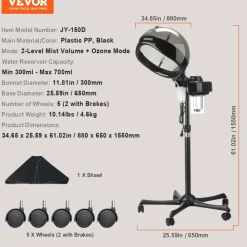 VEVOR Professional Hair Steamer for Deep Conditioning, 11.81-inch Hooded Ionic Hair Steamer with 2 Modes, Height-Adjustable Standing Hair Steamer with Timer, 5 Wheels (2 Lockable) for Salon Home Spa
