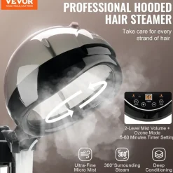 VEVOR Professional Hair Steamer for Deep Conditioning, 11.81-inch Hooded Ionic Hair Steamer with 2 Modes, Height-Adjustable Standing Hair Steamer with Timer, 5 Wheels (2 Lockable) for Salon Home Spa
