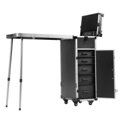 VEVOR Professional Makeup Train Case Aluminum Cosmetic Case, Workbench With Supporting Legs, Rolling Makeup Case Extra Large Trolley Makeup Travel Organizer, with 360° Swivel Wheels, Black