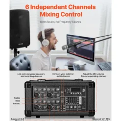 VEVOR Professional PA System, 800W Powered, Sound System Set with 6 Channel Mixer, Dual Speakers, Wireless Bluetooth, Microphone, Compact Stands, USB SD XLR Inputs, Remote Control, for DJs Events