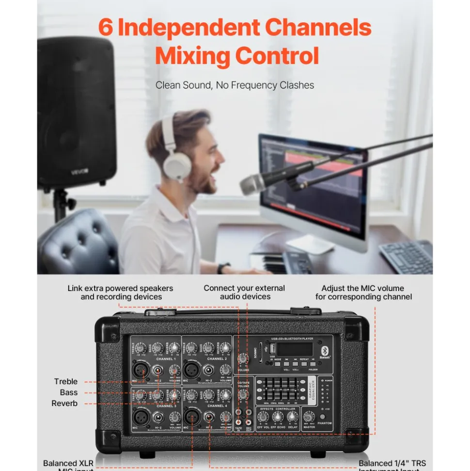 VEVOR Professional PA System, 800W Powered, Sound System Set with 6 Channel Mixer, Dual Speakers, Wireless Bluetooth, Microphone, Compact Stands, USB SD XLR Inputs, Remote Control, for DJs Events