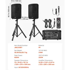 VEVOR Professional PA System, 800W Powered, Sound System Set with 6 Channel Mixer, Dual Speakers, Wireless Bluetooth, Microphone, Compact Stands, USB SD XLR Inputs, Remote Control, for DJs Events