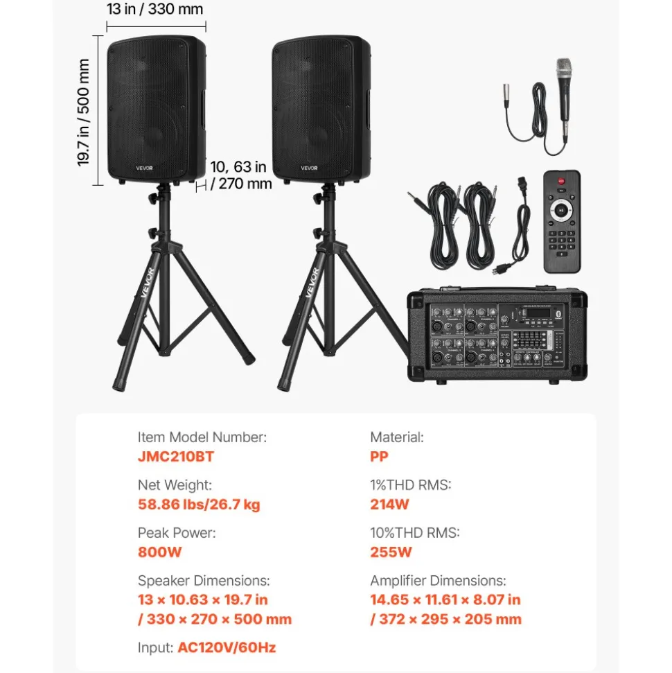 VEVOR Professional PA System, 800W Powered, Sound System Set with 6 Channel Mixer, Dual Speakers, Wireless Bluetooth, Microphone, Compact Stands, USB SD XLR Inputs, Remote Control, for DJs Events