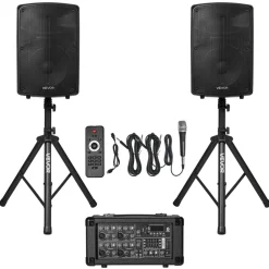 VEVOR Professional PA System, 800W Powered, Sound System Set with 6 Channel Mixer, Dual Speakers, Wireless Bluetooth, Microphone, Compact Stands, USB SD XLR Inputs, Remote Control, for DJs Events