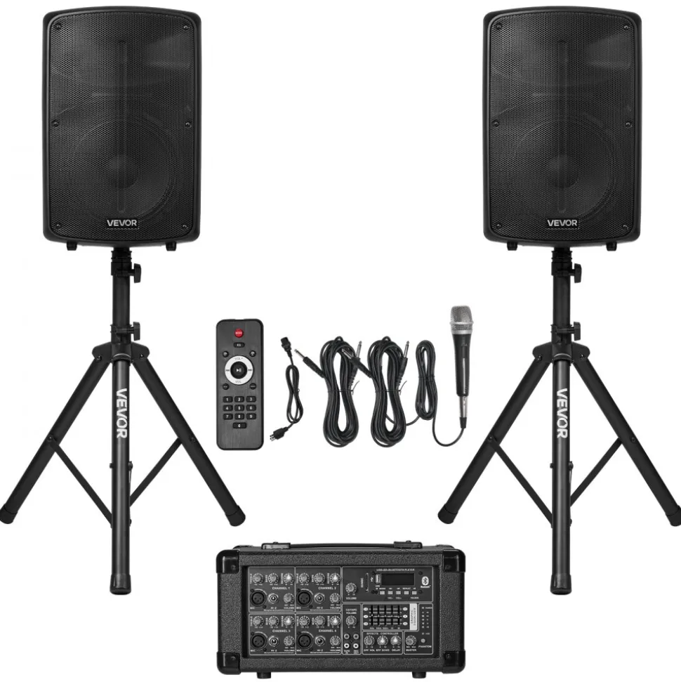 VEVOR Professional PA System, 800W Powered, Sound System Set with 6 Channel Mixer, Dual Speakers, Wireless Bluetooth, Microphone, Compact Stands, USB SD XLR Inputs, Remote Control, for DJs Events