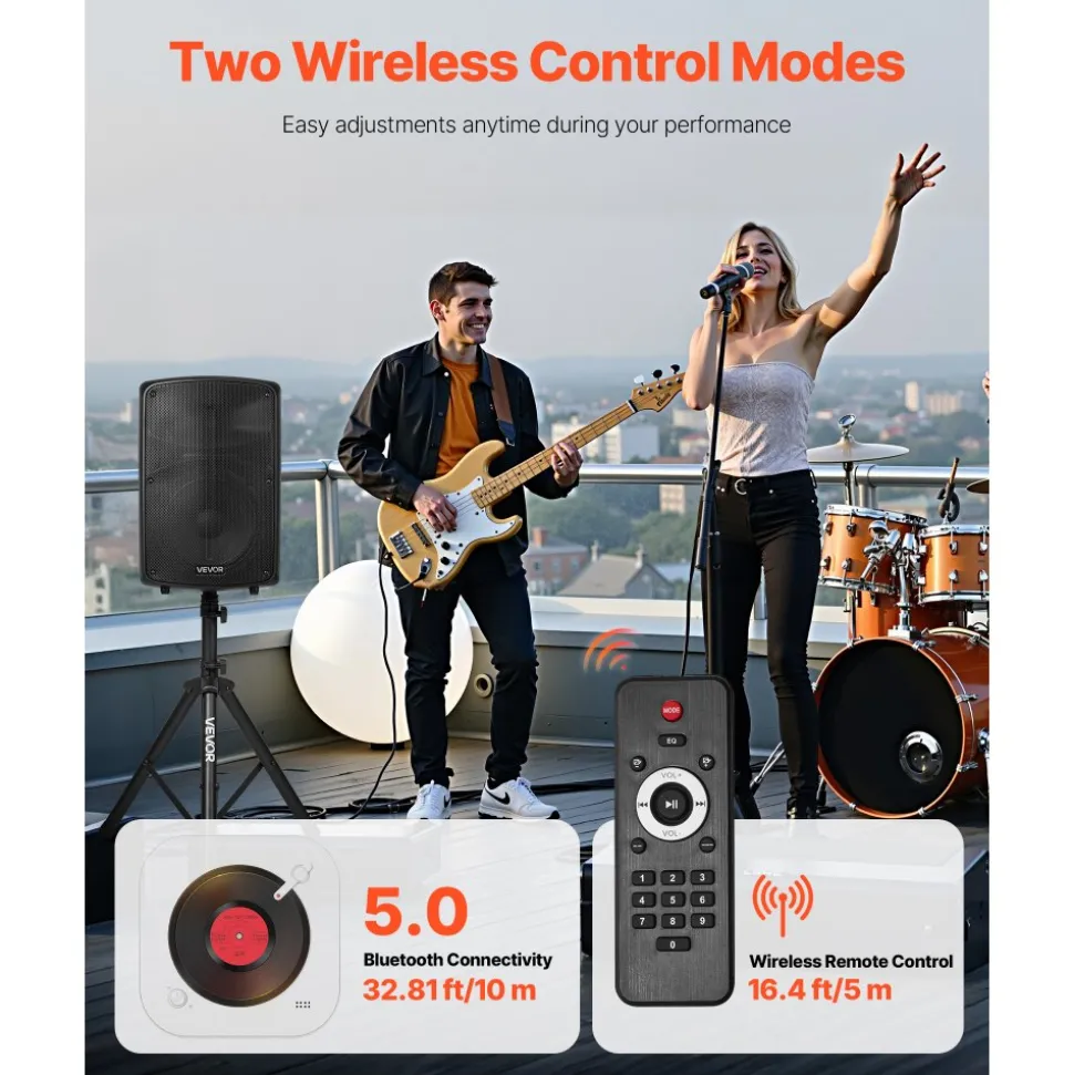VEVOR Professional PA System, 800W Powered, Sound System Set with 6 Channel Mixer, Dual Speakers, Wireless Bluetooth, Microphone, Compact Stands, USB SD XLR Inputs, Remote Control, for DJs Events