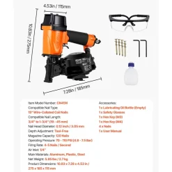 VEVOR Professional Roofing Nailer CN45N, 3/4" to 1-3/4" 15 Degree Air Roofing Nail Gun, 4–5 Nails/S Ultra-Fast Nailing, 70-110 PSI Pneumatic Coil Nailer for Asphalt Shingles, Roof Sheathing