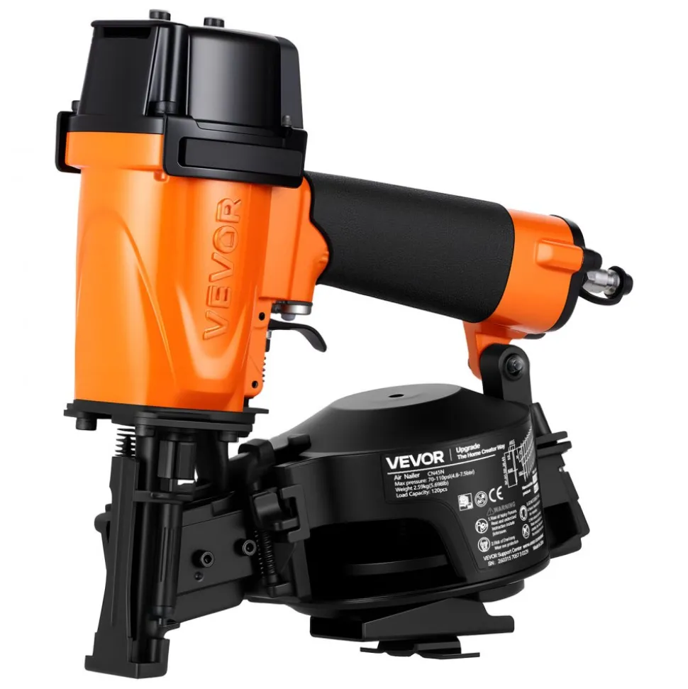 VEVOR Professional Roofing Nailer CN45N, 3/4" to 1-3/4" 15 Degree Air Roofing Nail Gun, 4–5 Nails/S Ultra-Fast Nailing, 70-110 PSI Pneumatic Coil Nailer for Asphalt Shingles, Roof Sheathing