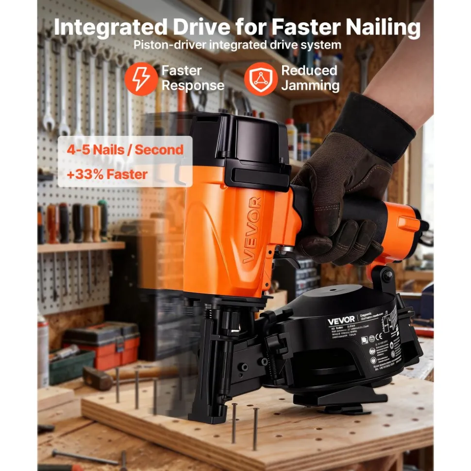 VEVOR Professional Roofing Nailer CN45N, 3/4" to 1-3/4" 15 Degree Air Roofing Nail Gun, 4–5 Nails/S Ultra-Fast Nailing, 70-110 PSI Pneumatic Coil Nailer for Asphalt Shingles, Roof Sheathing