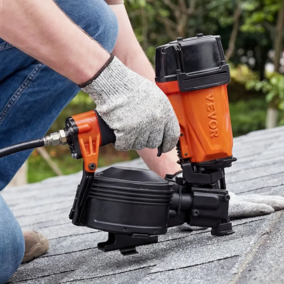 VEVOR Professional Roofing Nailer CN45N, 3/4" to 1-3/4" 15 Degree Air Roofing Nail Gun, 4–5 Nails/S Ultra-Fast Nailing, 70-110 PSI Pneumatic Coil Nailer for Asphalt Shingles, Roof Sheathing