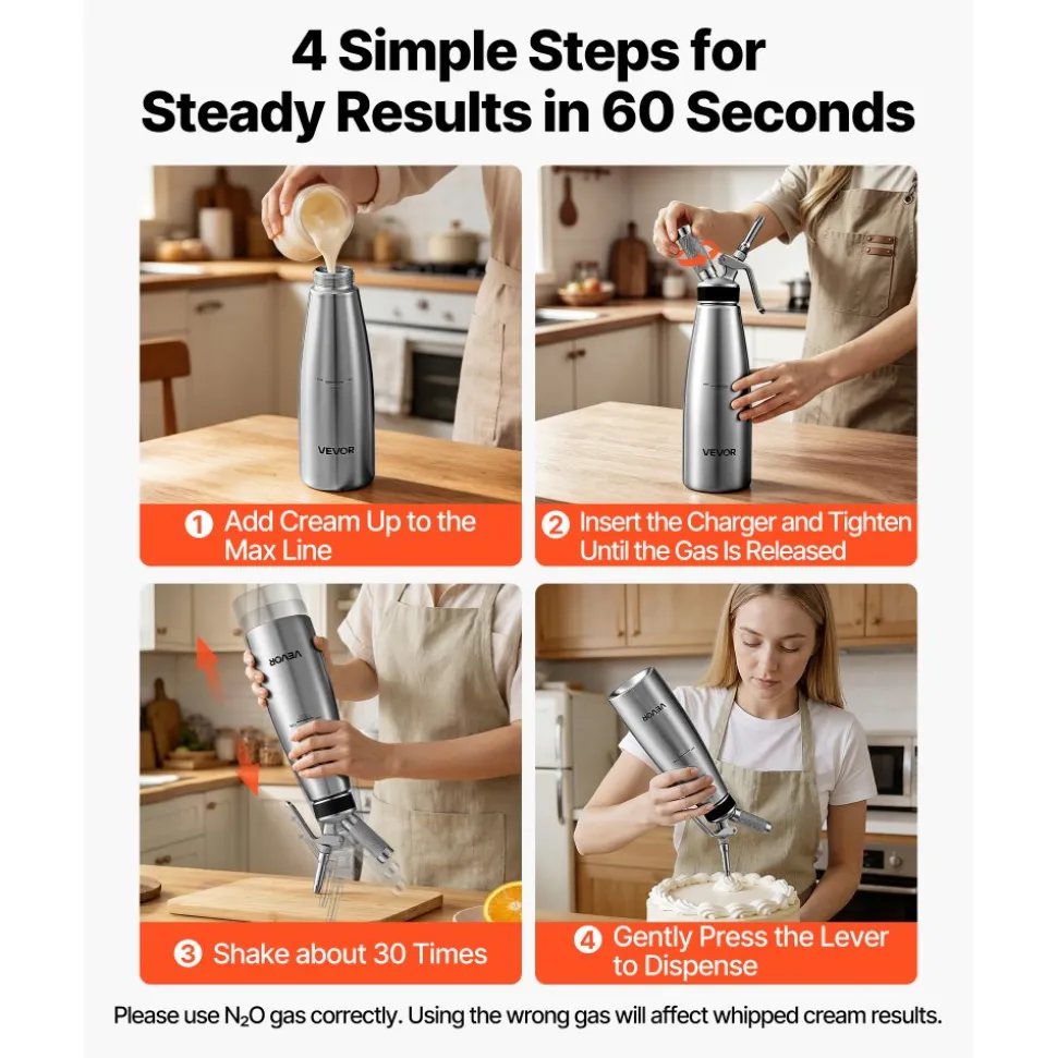 VEVOR Professional 304 Stainless Steel Whipped Cream Dispenser 1000ml, Leak-Free Whipped Cream Maker, Whip Cream Canister with 3 Decorating Nozzles & Cleaning Brush, N₂O Chargers (Not Included)