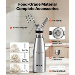 VEVOR Professional 304 Stainless Steel Whipped Cream Dispenser 1000ml, Leak-Free Whipped Cream Maker, Whip Cream Canister with 3 Decorating Nozzles & Cleaning Brush, N₂O Chargers (Not Included)