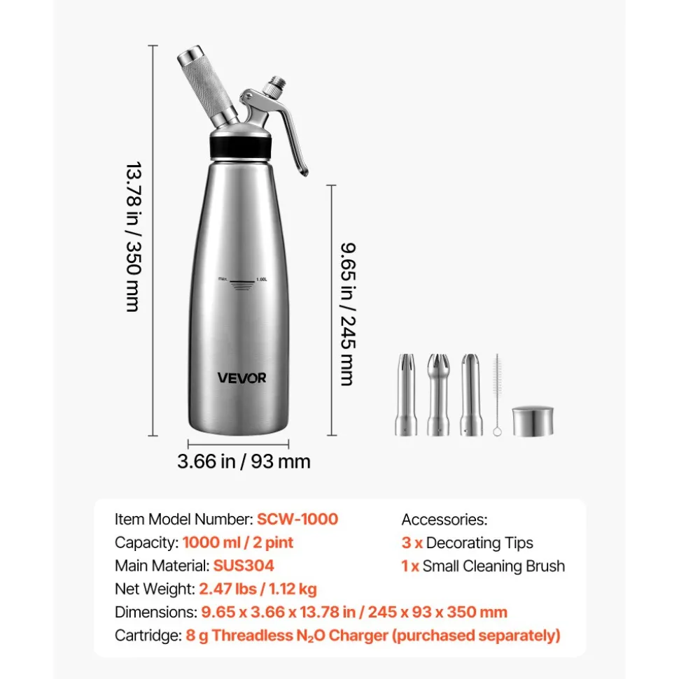 VEVOR Professional 304 Stainless Steel Whipped Cream Dispenser 1000ml, Leak-Free Whipped Cream Maker, Whip Cream Canister with 3 Decorating Nozzles & Cleaning Brush, N₂O Chargers (Not Included)