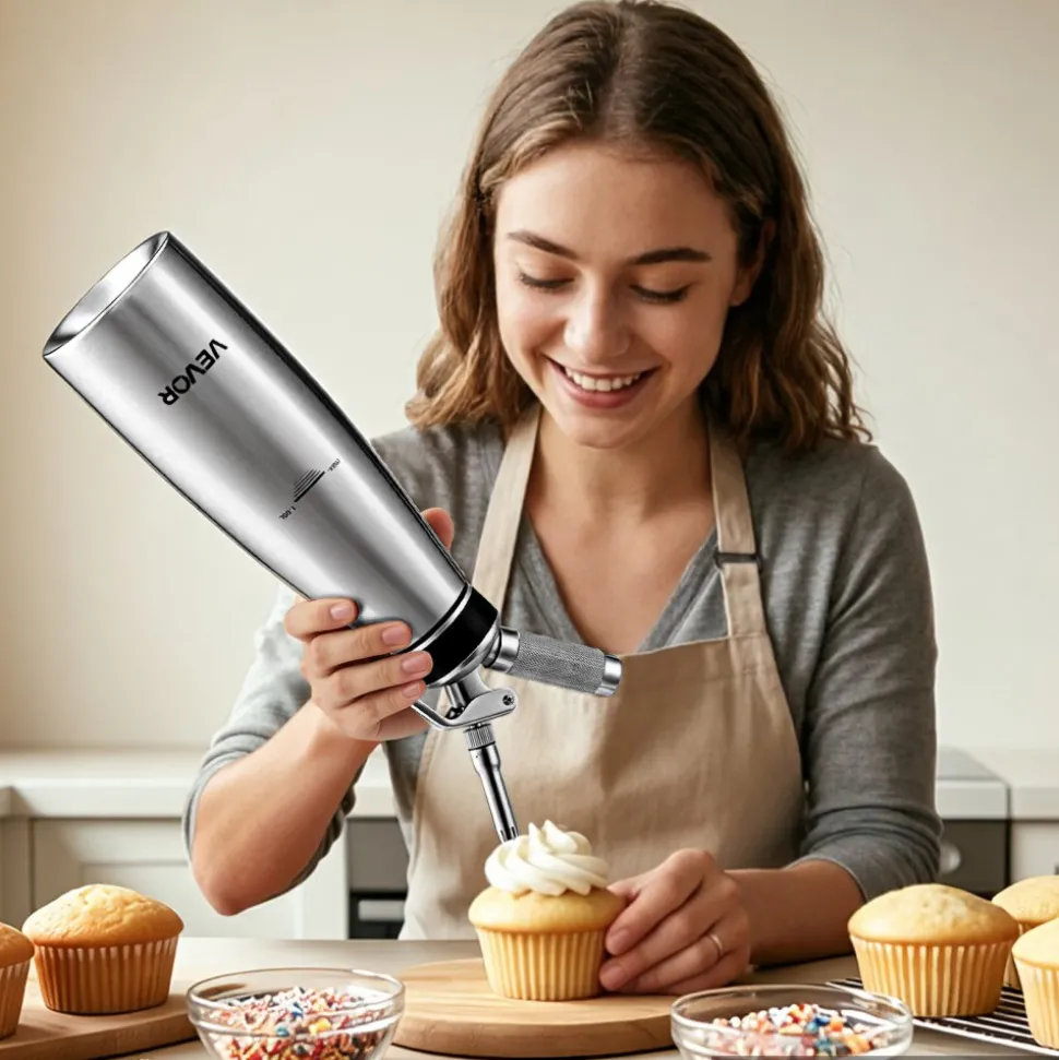 VEVOR Professional 304 Stainless Steel Whipped Cream Dispenser 1000ml, Leak-Free Whipped Cream Maker, Whip Cream Canister with 3 Decorating Nozzles & Cleaning Brush, N₂O Chargers (Not Included)