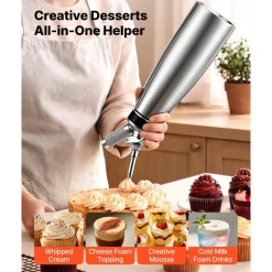 VEVOR Professional 304 Stainless Steel Whipped Cream Dispenser 1000ml, Leak-Free Whipped Cream Maker, Whip Cream Canister with 3 Decorating Nozzles & Cleaning Brush, N₂O Chargers (Not Included)