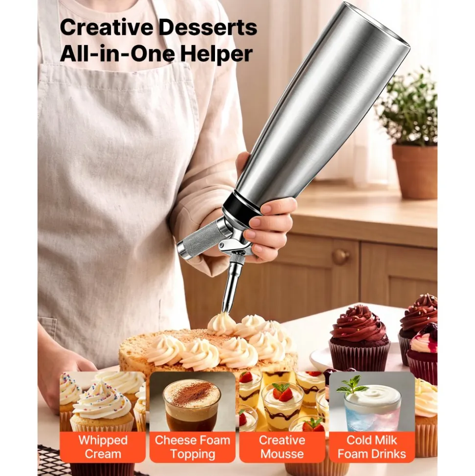 VEVOR Professional 304 Stainless Steel Whipped Cream Dispenser 1000ml, Leak-Free Whipped Cream Maker, Whip Cream Canister with 3 Decorating Nozzles & Cleaning Brush, N₂O Chargers (Not Included)