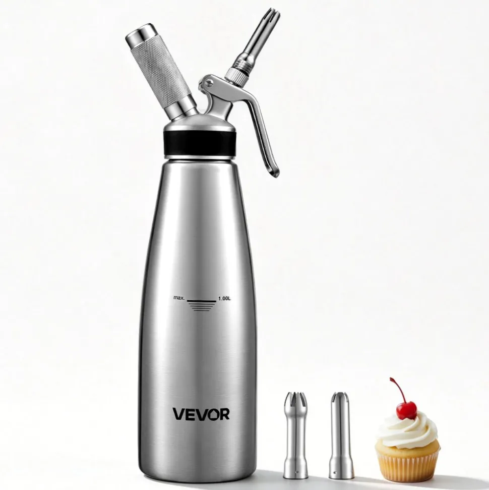 VEVOR Professional 304 Stainless Steel Whipped Cream Dispenser 1000ml, Leak-Free Whipped Cream Maker, Whip Cream Canister with 3 Decorating Nozzles & Cleaning Brush, N₂O Chargers (Not Included)