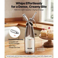 VEVOR Professional 304 Stainless Steel Whipped Cream Dispenser 1000ml, Leak-Free Whipped Cream Maker, Whip Cream Canister with 3 Decorating Nozzles & Cleaning Brush, N₂O Chargers (Not Included)