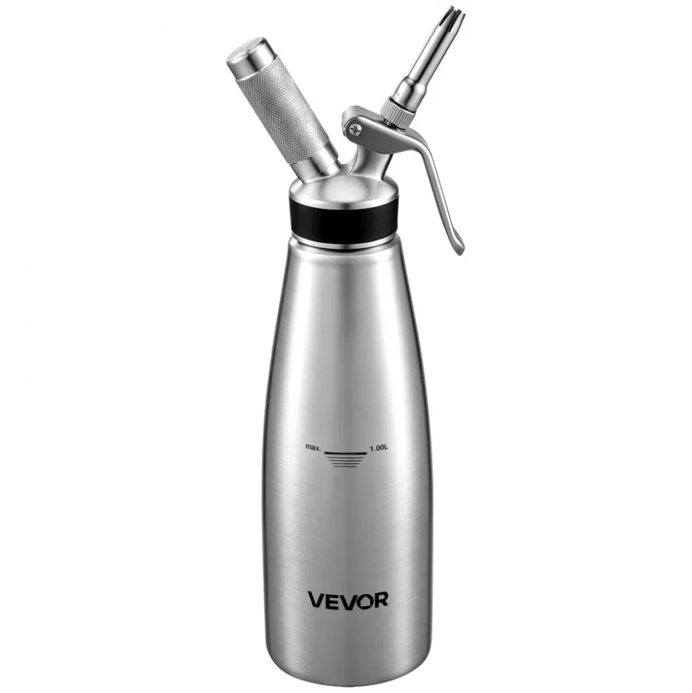 VEVOR Professional 304 Stainless Steel Whipped Cream Dispenser 1000ml, Leak-Free Whipped Cream Maker, Whip Cream Canister with 3 Decorating Nozzles & Cleaning Brush, N₂O Chargers (Not Included)