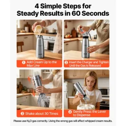 VEVOR Professional 304 Stainless Steel Whipped Cream Dispenser 500ml, Leak-Free Whipped Cream Maker, Whip Cream Canister with 3 Decorating Nozzles & Cleaning Brush, N₂O Chargers (Not Included)