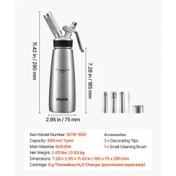 VEVOR Professional 304 Stainless Steel Whipped Cream Dispenser 500ml, Leak-Free Whipped Cream Maker, Whip Cream Canister with 3 Decorating Nozzles & Cleaning Brush, N₂O Chargers (Not Included)