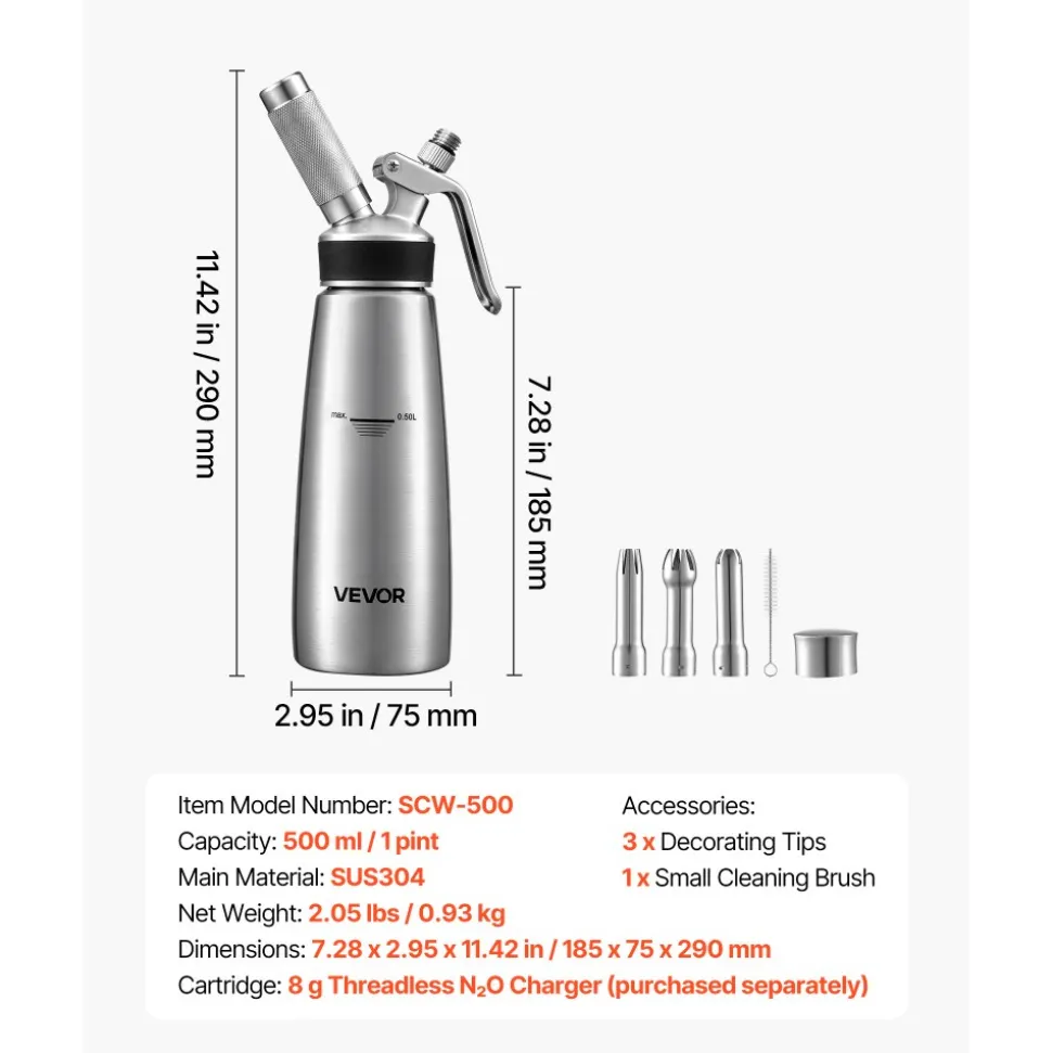 VEVOR Professional 304 Stainless Steel Whipped Cream Dispenser 500ml, Leak-Free Whipped Cream Maker, Whip Cream Canister with 3 Decorating Nozzles & Cleaning Brush, N₂O Chargers (Not Included)